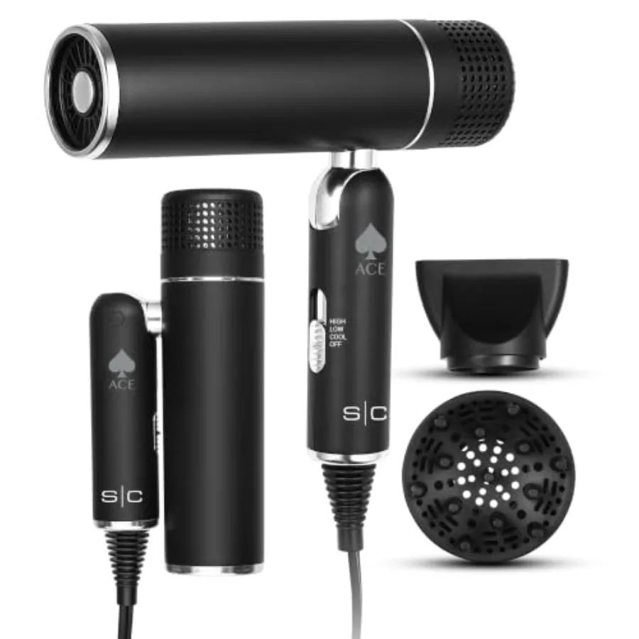 Travel-friendly foldable hair dryer for on-the-go use, ABS plastic in matte black, 1600W high-speed low-noise motor with 3 heat
