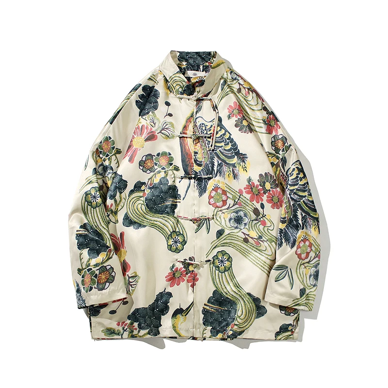 

Retro Print Jaet Stand Collar Button up Long Sve Youth Faion Spring Autumn Hanfu Sle Men's Casual Outerwear