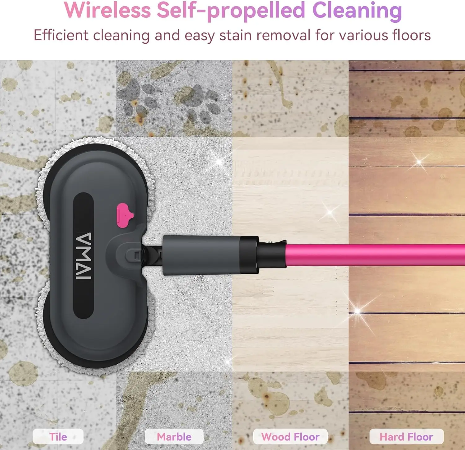 Mocio elettrico senza fili per la pulizia dei pavimenti, mocio rotante con spruzzatore d'acqua con serbatoio dell'acqua da 300 ml, illuminazione a LED e batteria rimovibile, fino a 6