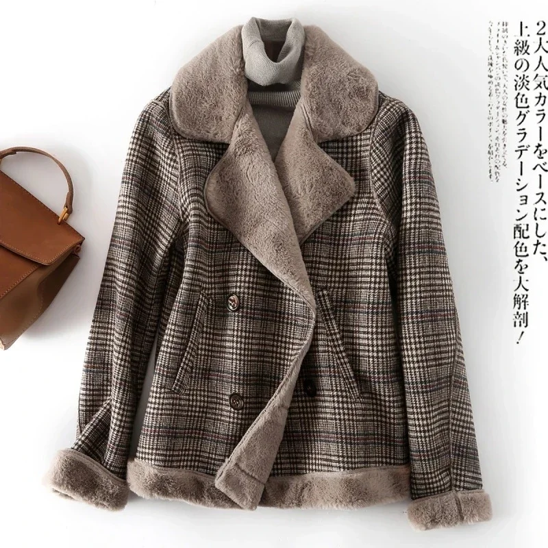 Women'S Plaid Fur Coat Down Cotton Padded Jacket 2024 Autumn Winter New Short Lamb    Woolen  Loose  R182