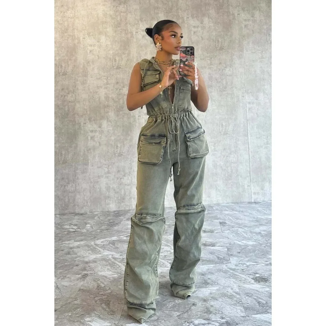 Denim Jean Jumpsuit for Women Summer Clothes Hoodie Tops Pocket Cargo Pant Y2K Streetwear One Piece Denim Cargo Pants Rompers