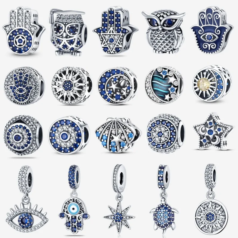 Palm, Magic Eye Charm Silver 925 Blue Zircon Suitable for Women Bracelet, Necklace, Jewelry as a Gift