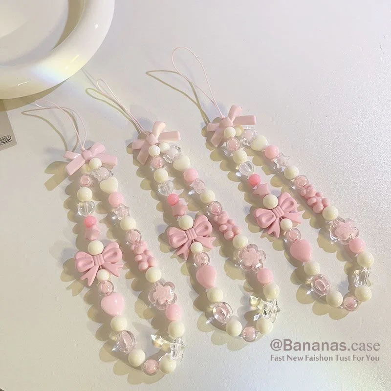 

Love Heart Bow Knot Wrist Strap Cut Cartoon Phone Charms Anti-lost Mobile Phone Lanyard Beads Handmade Rope Hanging Keychain