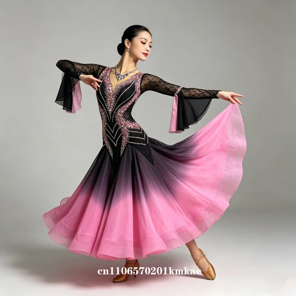 Sparkly Rhinestone Ballroom Dance Costume for Women Flare Long Sleeve Gradient Pink Black Dress for Competition
