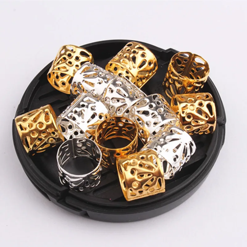 10Pcs Rohr Perlen Goldene Silber Ringe Für Zöpfe Schmuck Ring Furcht Dreadlock Perlen Einstellbare Braid Manschetten Hohl Haar Perlen