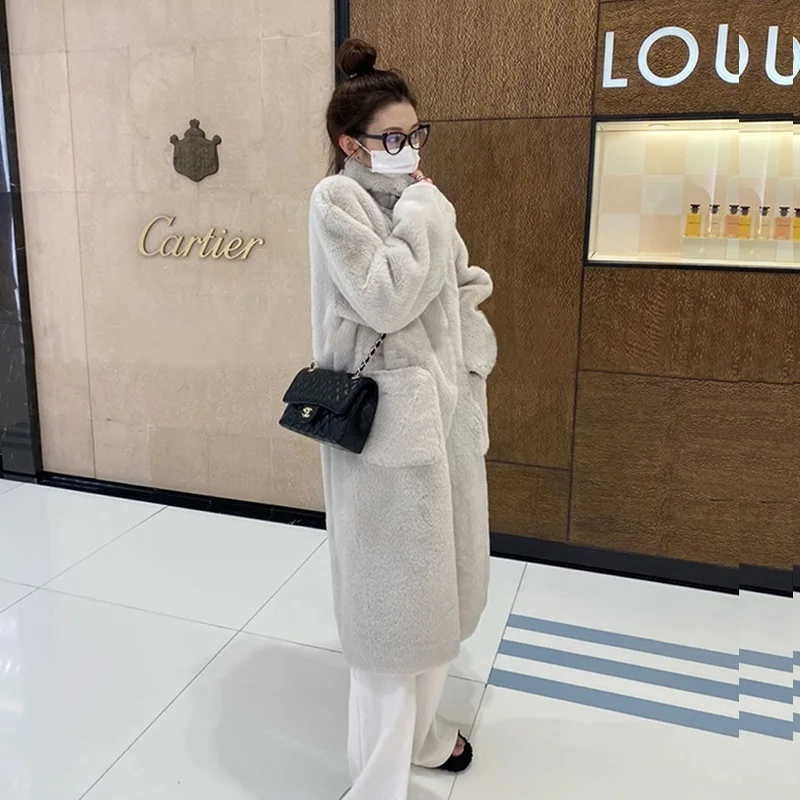 2025 Winter New Mid-length Women Faux Rabbit Fur Coat Casual Stand Collar Long Sleeve Beige-grey White Female Warm Fur Outerwear