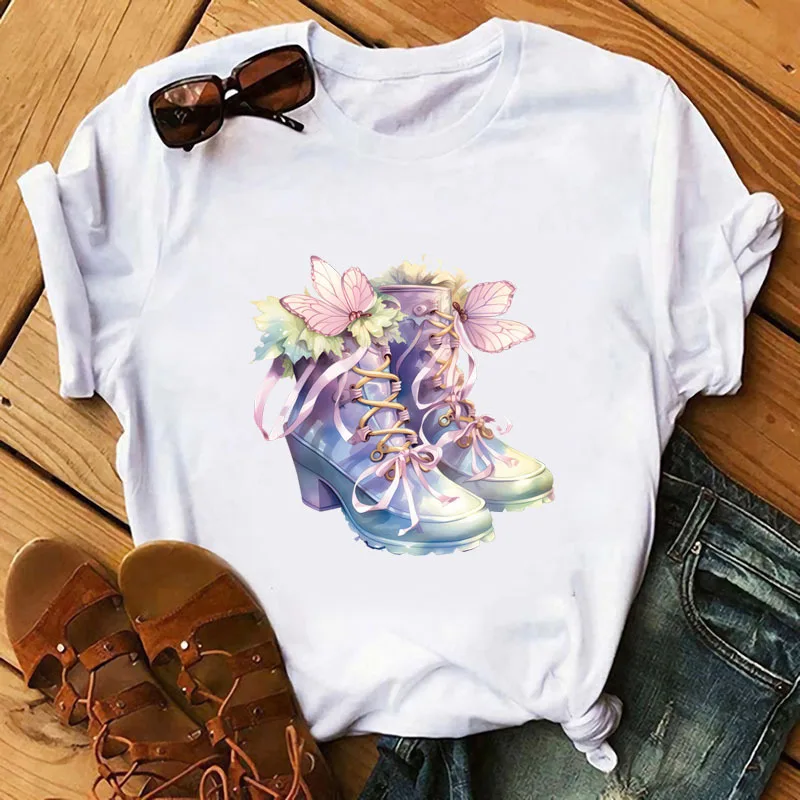 Fashion Dreamy crystal shoes with butterfly wings DTF Heat Transfer Sticker For T-shirt Hoodies Washable Iron On DIY Applique