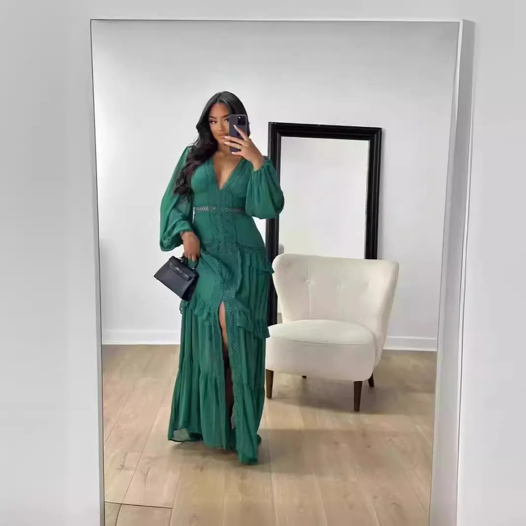 Moda elegância feminina longo maxi vestido de renda profundo decote em v manga cheia em camadas babados bordas vestidos de festa rua 6 vendido