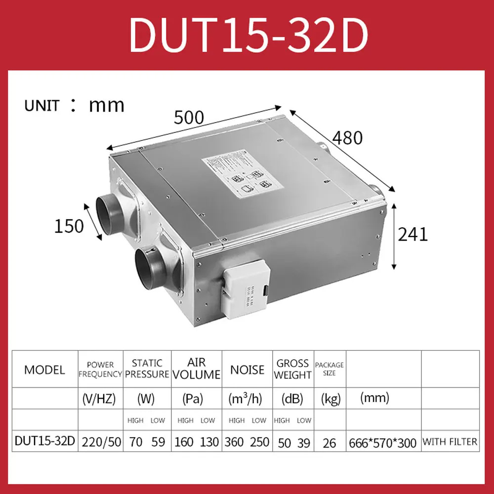DUT10-24D 180m3h Pembersih Udara Rumah Tangga Kipas Saluran Aliran Dua Sisi Ventilasi Komersial Mesin Udara Segar Pusat
