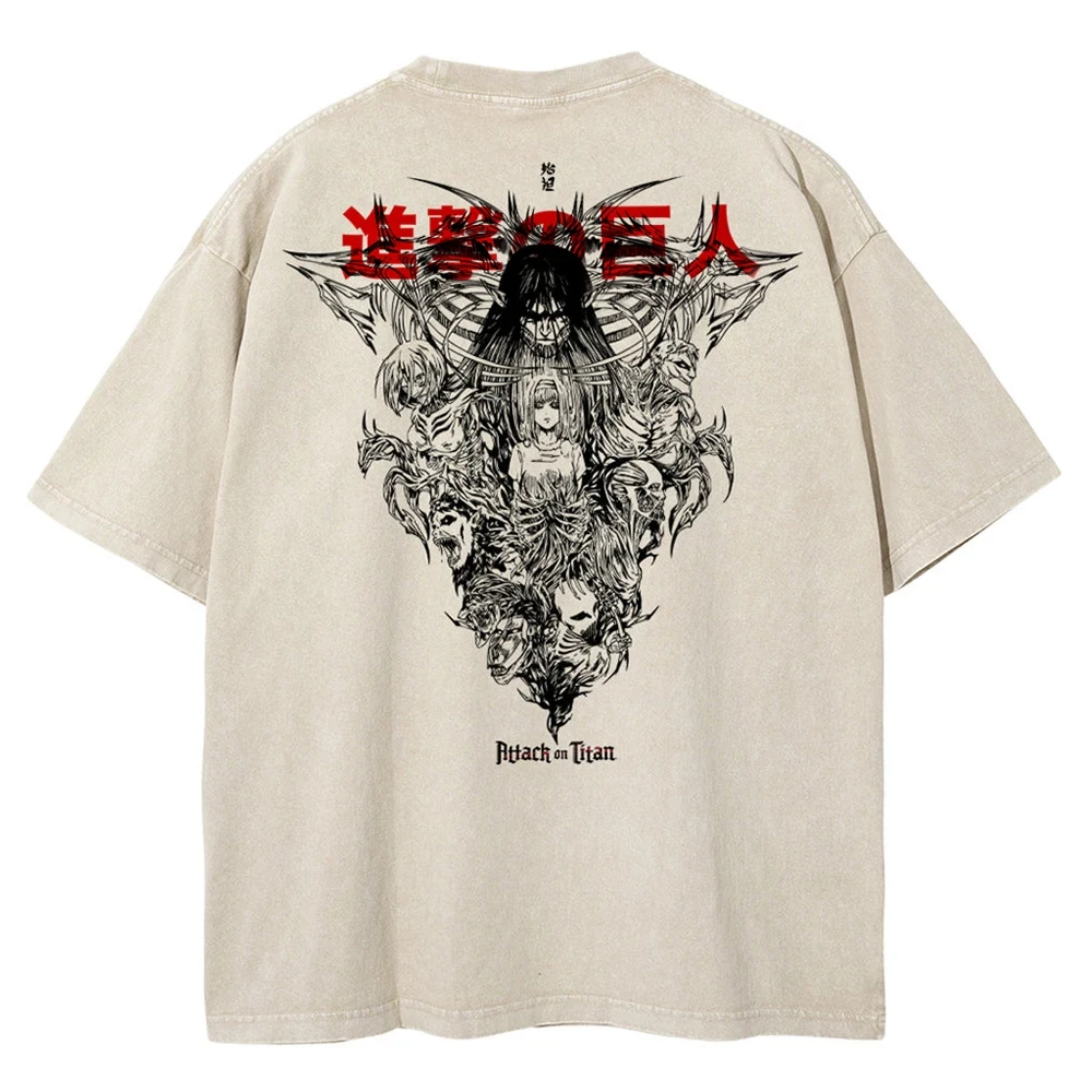 Men Washed Anime Attack On Titan T-Shirt Hip Hop Streetwear Graphic Print Oversize Tshirt Short Sleeve Cotton Loose Vintage Tops