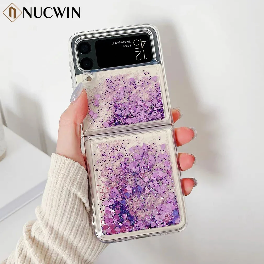 Fashion Cool Love Heart Glitter Quicksand Phone Case For Samsung Galaxy Z Flip 6 5 4 3 Shockproof Liquid Sequins Cover ZFlip 6