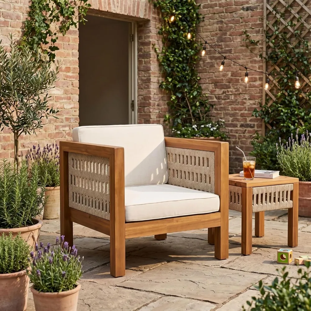 Acacia Wooden Lounge Chair Outdoor, Removable Cushion, Woven Rope Accent, Armchair for Patio, Teak & Beige