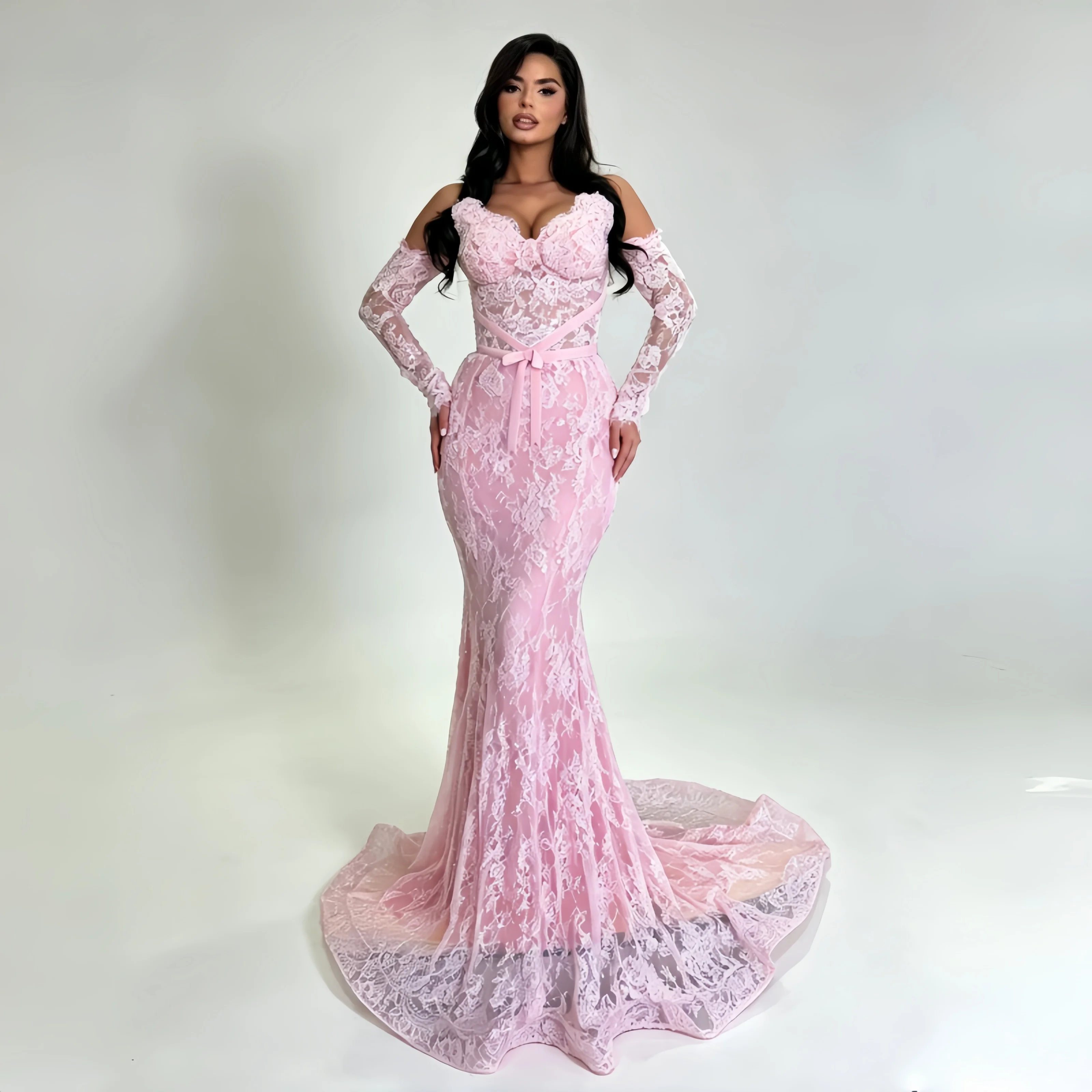 Customized Pink Off Shoulder Prom Dress Lace Long Sleeves Mermaid Silhouette Waist Sash Sequin Party Dress 2026 Banquet