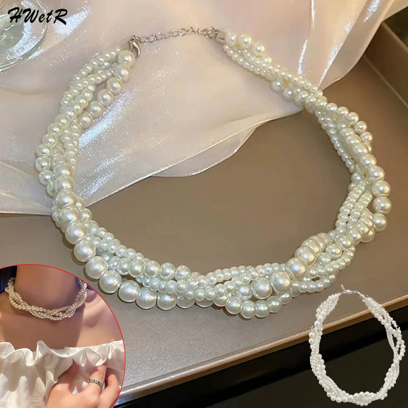 1Pcs Fashion Charm White Twining Pearl Choker Necklaces For Women Geometric Necklaces Weddings Bride Jewelry Accessories