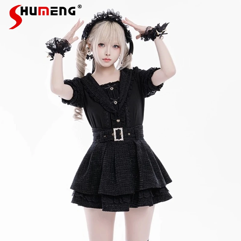 

Japanese Lolita Large Size Short Sleeve Shirt Summer New Mine Mass-Produced Cute Bow Lace Shirts Women Slim Fit Blouses Tops