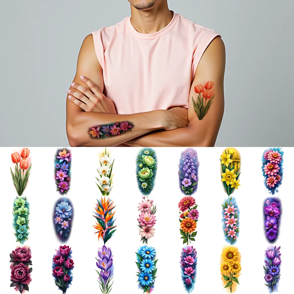 

9pcs Temporary Tattoo Waterproof Long-lasting Body Stickers Purple Flowers Peonies Lillies For Thighs Arms Shoulders