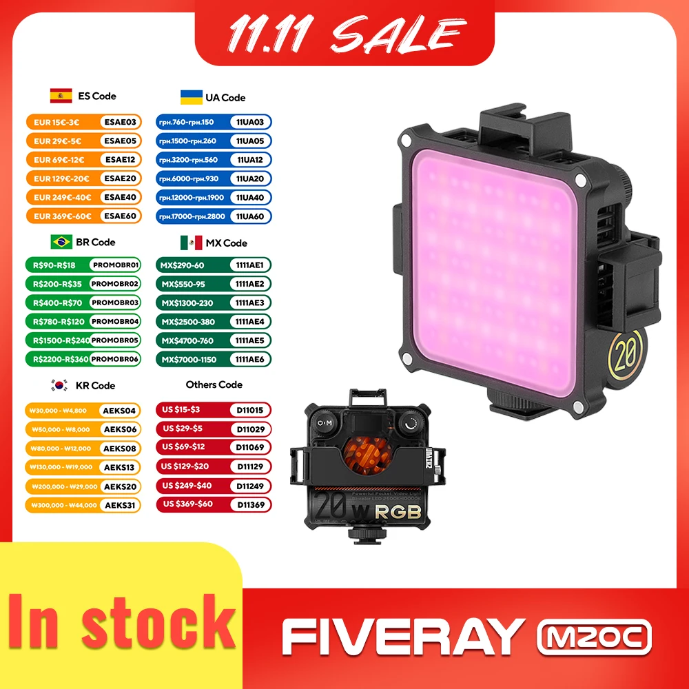 

ZHIYUN Official FIVERAY M20C 20W RGB Video Light 2500K 6500K 10000K Fill Lights Bluetooth APP Control Photography Lighting