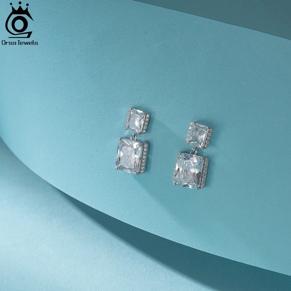 ORSA JEWELS Exquisite 925 Sterling Silver Luxury Emerald Cut AAAA Zirconia Stud Earrings for Women Shiny Wedding Jewelry SE377