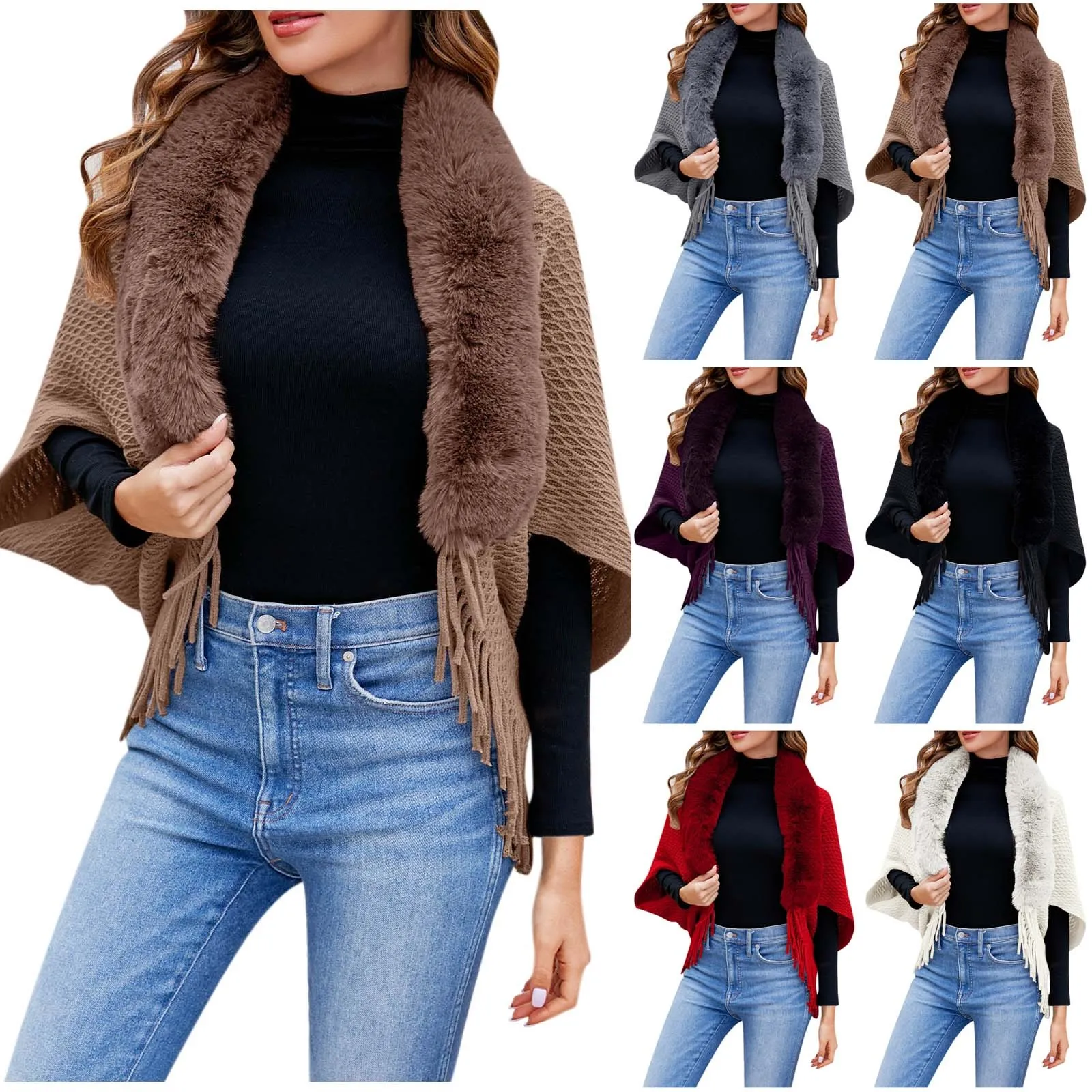 Women Winter Imitation-cashmere Shawl Scarf Lady Elegant Faux Fur Collar Capes Tassel Wraps Warm Cloak Temperament Poncho Tops