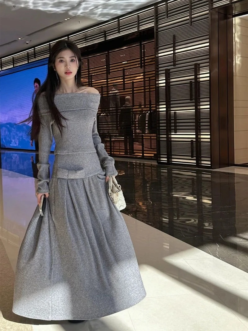 Spicy Girl Fashion Slash Neck Knitwear Pleated Skirt Two-piece Set Women Bow Splice Off Shoulder Solid Slim Gentle Autumn Wear