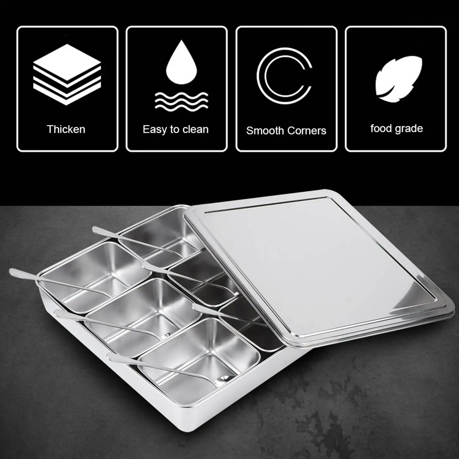6-Grid Stainless Steel Seasoning Box Set with Spoons Condiment Storage Containers with Airtight Lids for Kitchen Countertop