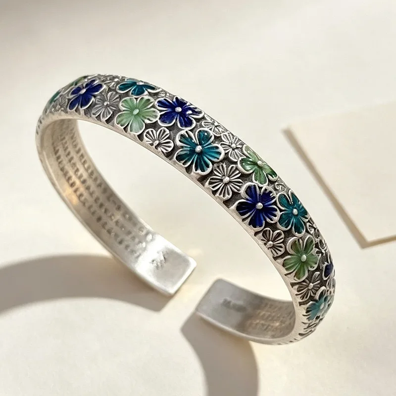 100% Solid 925 Sterling Silver Metal Bracelet for Women Vintage Handmade Simple Flower Pattern Bracelet Birthday Gift Party