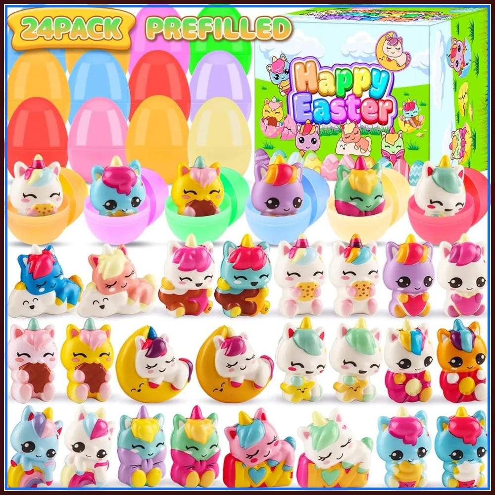 

24 Pack Prefilled Easter Eggs with Unicorn Squishy Toys, 2.75 inch Slow Rising Toys for Egg Hunt, Easter Basket Stuffers