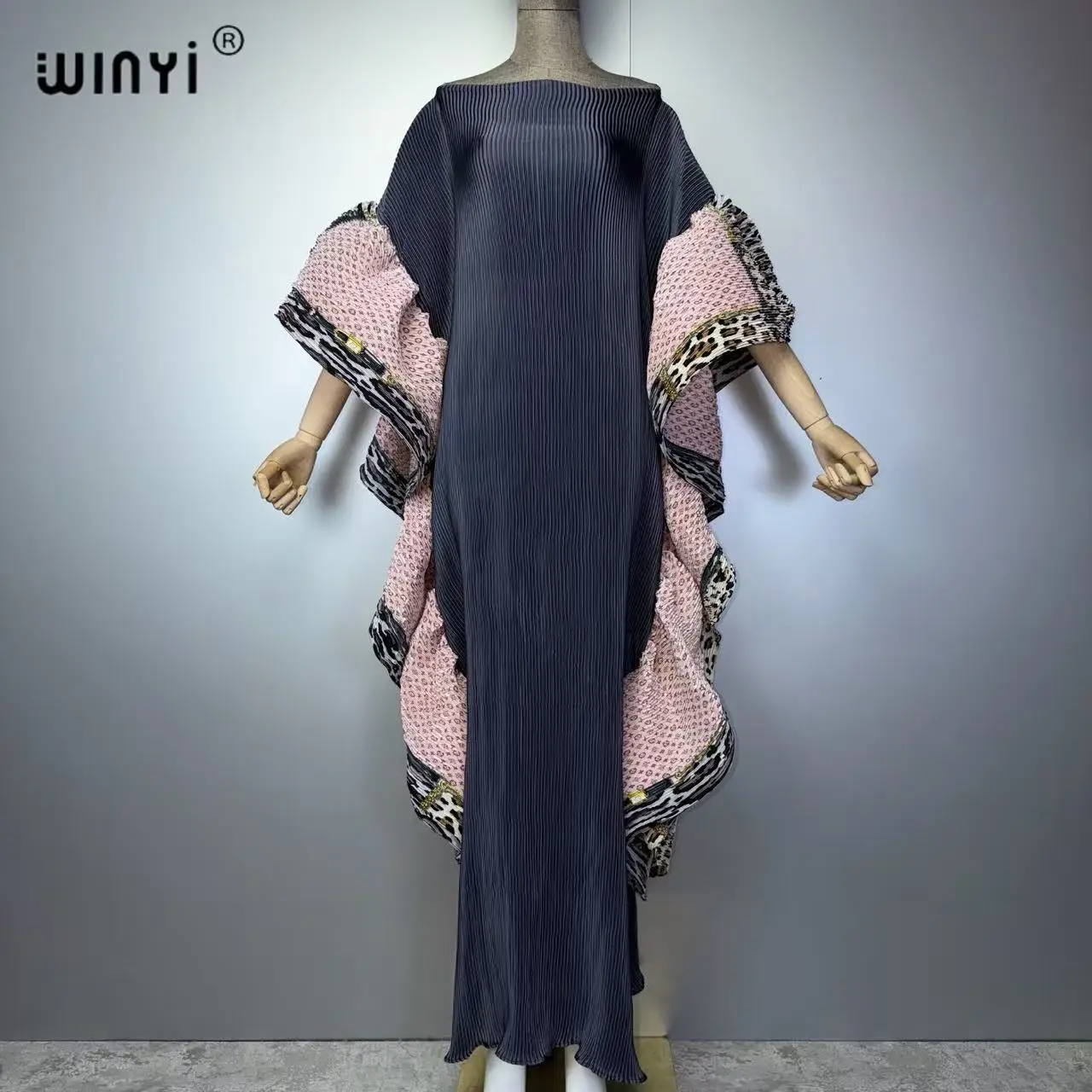 WINYI Women's Pleated Slim Fit Dress with Puff Sleeves Beach Cover up Muslim Kaftan Abaya Dubai Style Luxury Long Evening Gown