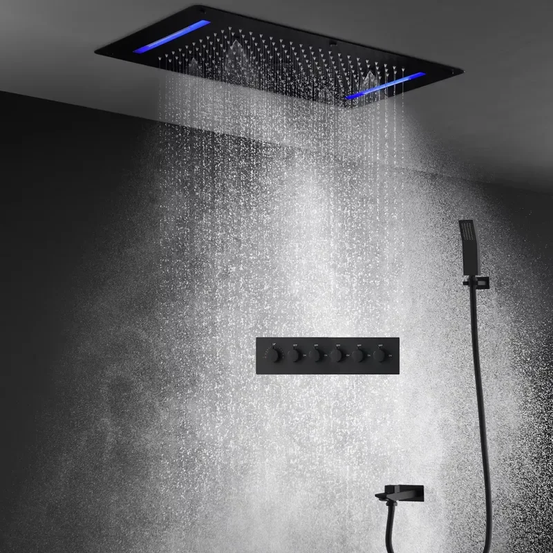 Bathroom Matt Black Shower Set Waterfall Rainfall Massage Ceiling LED Shower Head Panel With Thermostatic Mixer Diverter