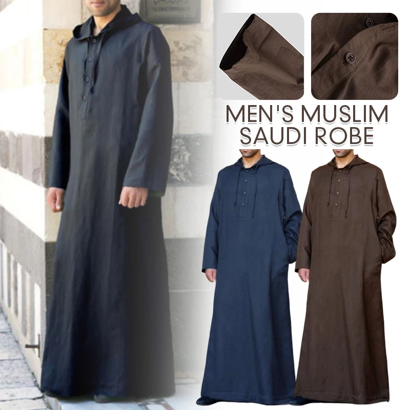 Men Muslim Clothes Saudi Arab Long Sleeve Hooded Robes Gown Jubba Thobe Dubai Middle East Men Islamic Saudi Arabia Kaftan