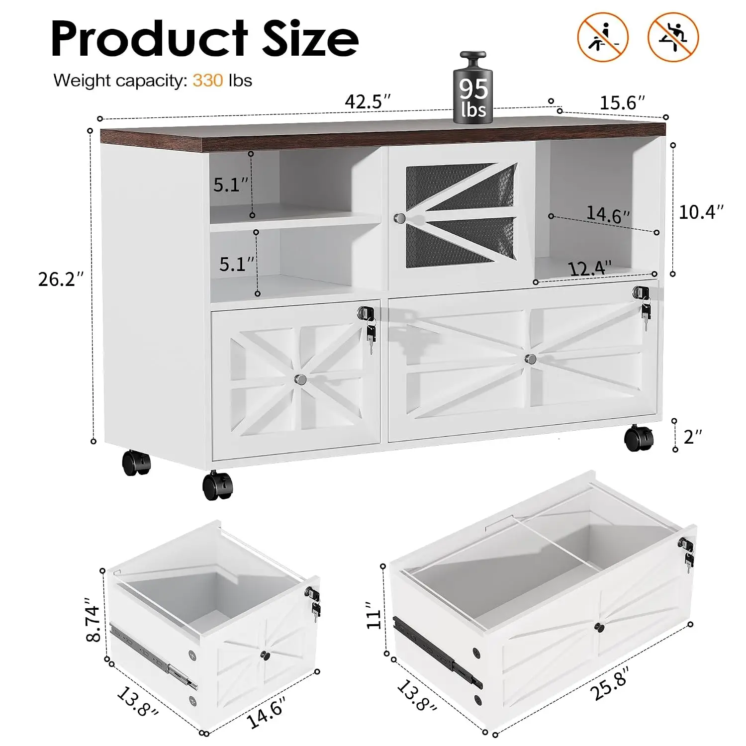 2 Drawer Farmhouse File Cabinet Lock Mobile Lateral Filing Letter/Legal/A4 Open Storage Adjustable Shelf Office White, Customize
