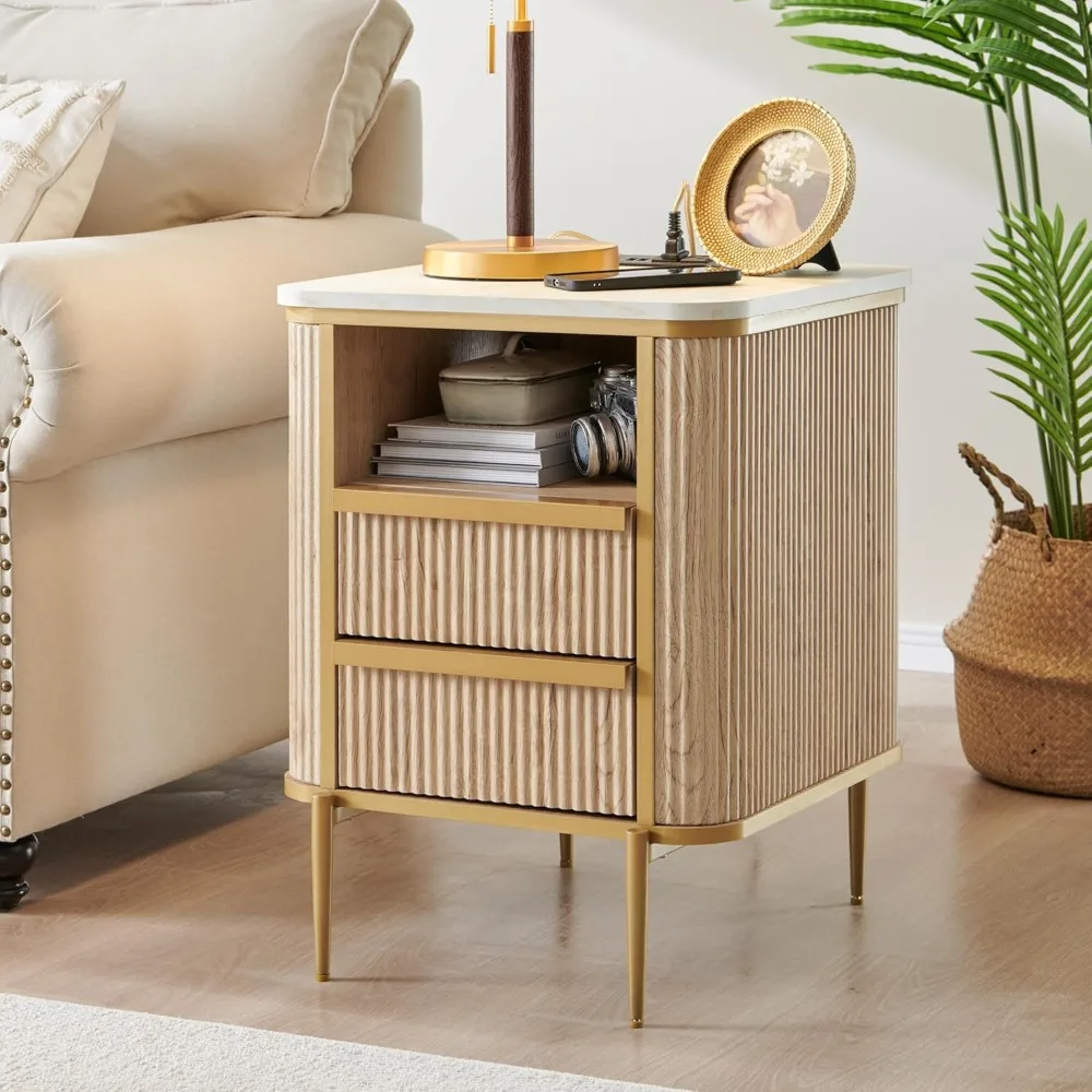 Luxury Modern Chic Nightstand with Fluted Design, Charging Station, 2 Drawers, Faux Marble Top, Gold Finish