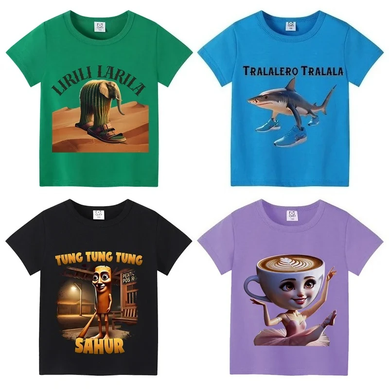 Italian Brainrot Children Cotton Top Tung Tung Tung Sahur Summer Clothing Funny Meme Short Sleeve T-shirt Boy Girl Cute Tee Gift