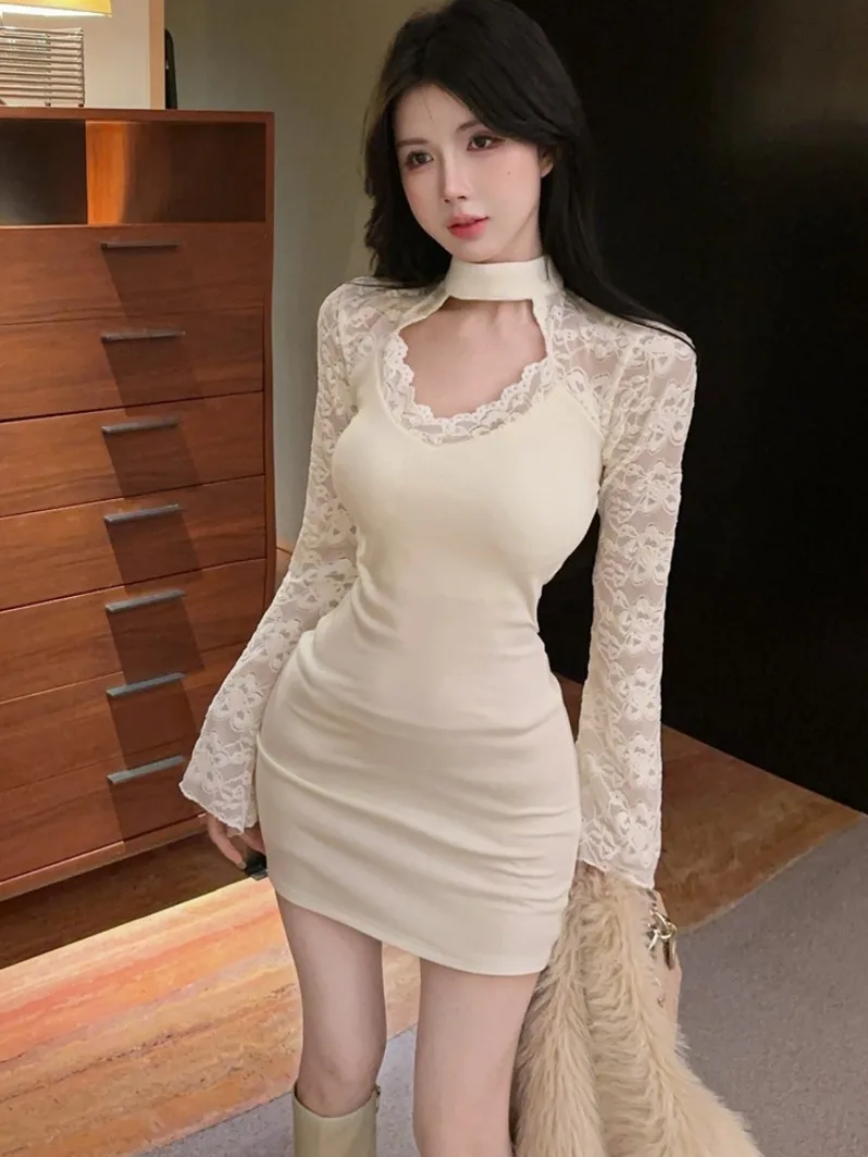 

Pure Desire Sexy Lace Splice Dr Women's Autumn Winter Long Sve Bal Waist Cinching Slimming Bodycon Skirt