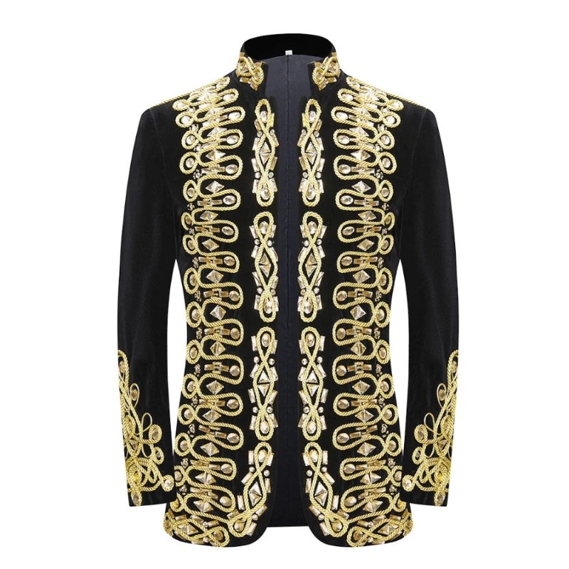 

Stand-up Collar Palace Suit Handmade Plate Buckle Gold Thread Diamond Wedding Banquet Performance Costume For Men