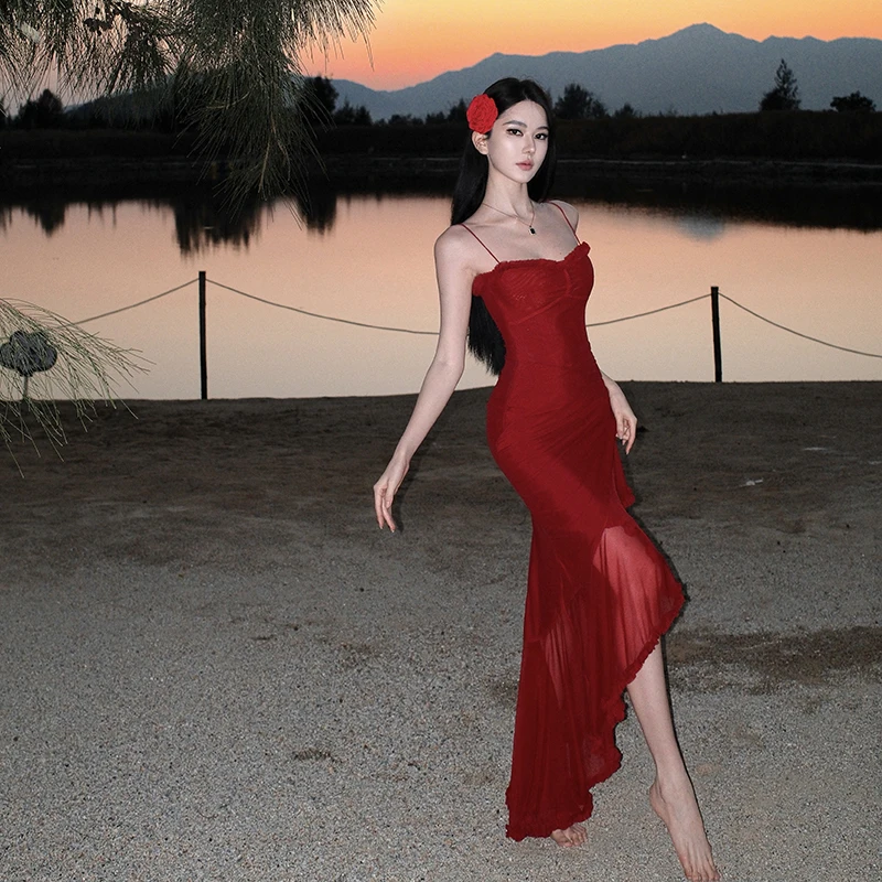 

Sexy Lace Trim ter Dr Women's Holiday Sle Slimming Long Skirt Casual Polyester Fiber No Sve Princ Gown