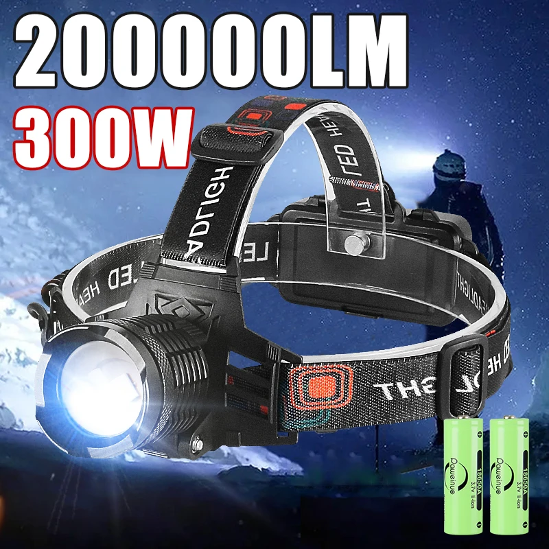 

300 Вт светодиодный налобный фонарь, перезаряжаемый через USB, налобный фонарь для рыбалки, сильный свет, водонепроницаемый супер яркий светильник для кемпинга и охоты