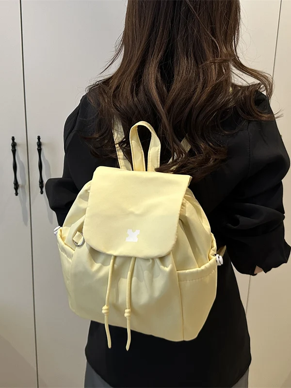 Korean Style Checkered Drawstring Outdoor Women's Backpack Lightweight Large Capacity Lazy Style College Student Bag