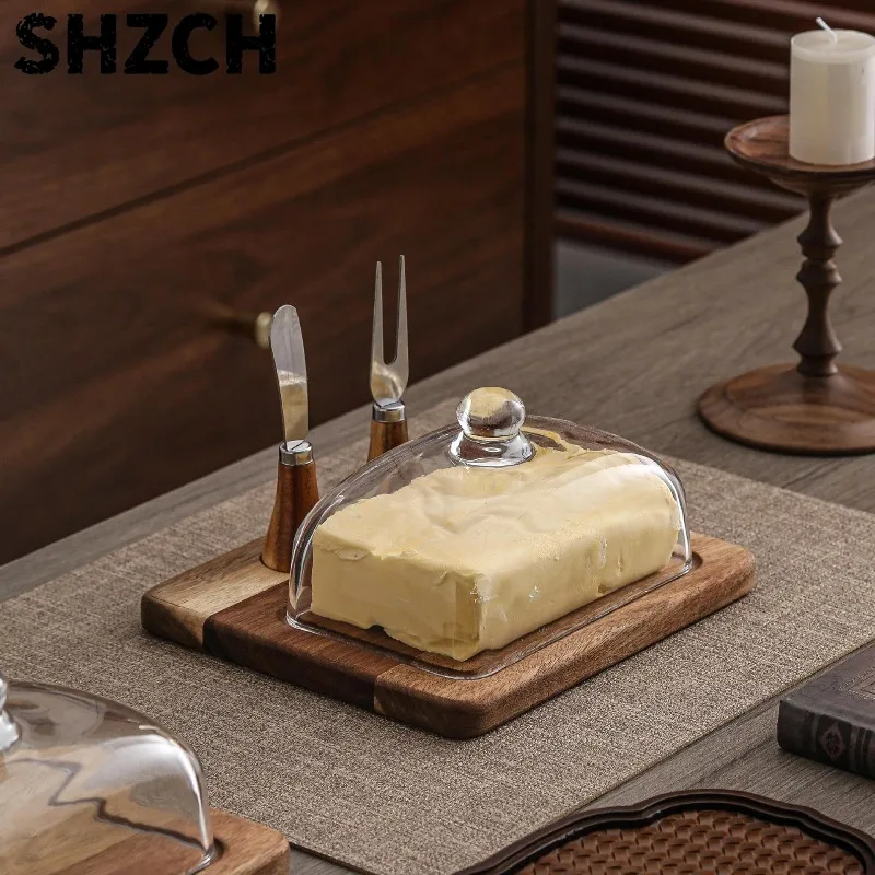 Wooden Butter Dish with Knife, Cheese & Cake Serving Tray for Kitchen, Rustic Tableware for Home & Restaurant Use Set