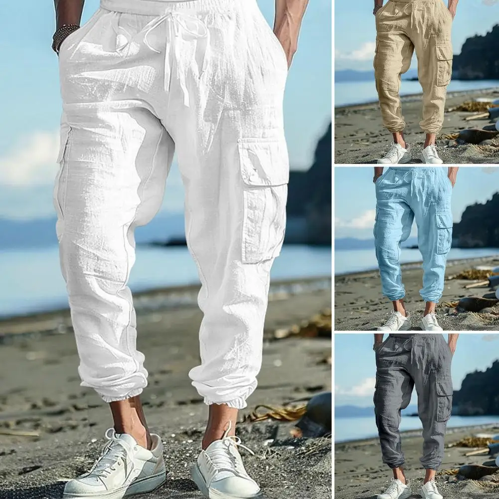 Men Linen Pants Breathable Men's Linen Jogger Pants With Drawstring Waist Pockets For Summer Wear Loose Fit Cargo For Beach