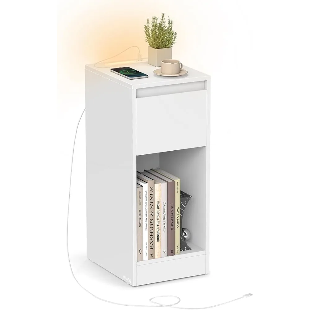 Comodino con illuminazione a LED, 1 porta USB-A, 1 porta USB-C, cassetto e scomparto aperto per camera da letto, comodini