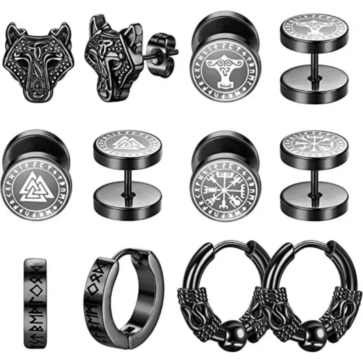 6Pairs Set 18G Viking Rune Round Stud Earrings for Women Men 316L Stainless Steel Cartilage Tragus Helix Piercing Jewelry