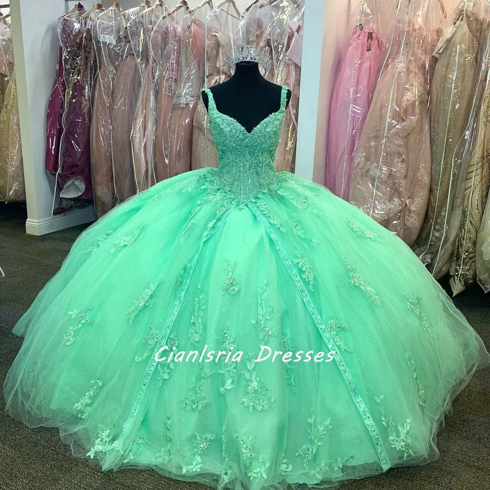 

Mint Green Beading Sequined Quinceanera Dress Ball Gown Off The Shoulder Floral Appliques Corset Vestidos De Quinceañera