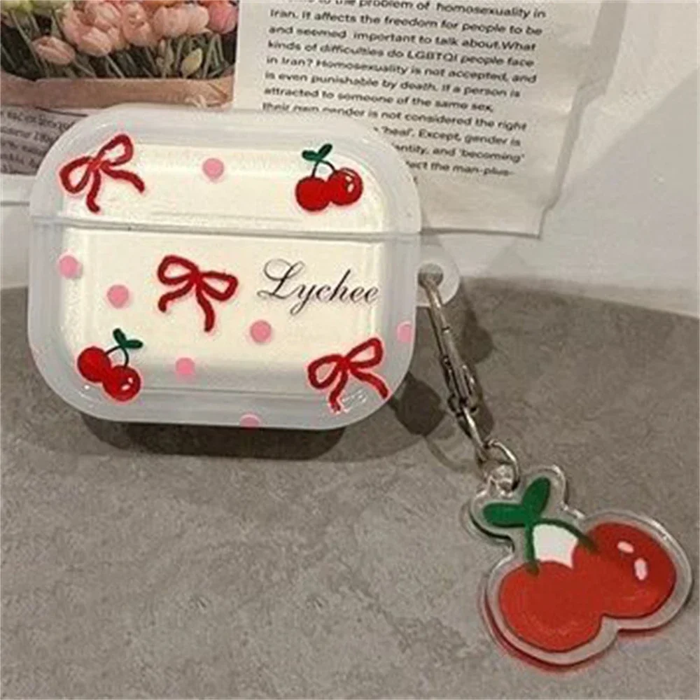 Korean Cute Bow Cherry Earphone Case For Apple Airpods Pro 2 3 Cover with Charm Silicone Headphone Charging Cases For Airpod 4