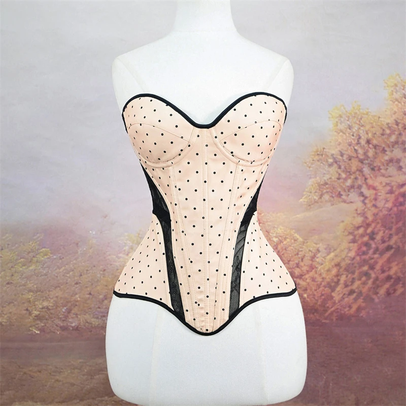Women Overbust Corset Top Splicing Mesh Sexy Khaki Dot With Cups Vintage Lace Up Boned Bodice Body Shaper Lingerie Bustiers