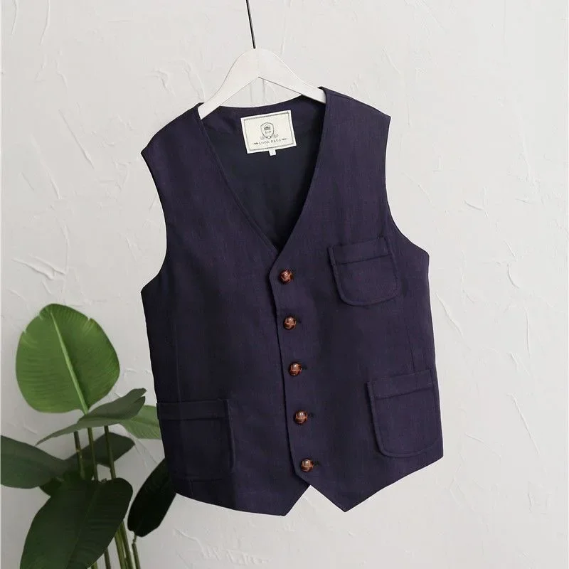 

Korean style linen vest thin slim casual suit groomsmen vest