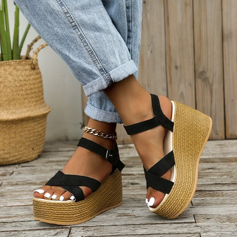 Fashion Wedge Sandals for Women Summer 2024 New Casual Non-slip Peep Toe Platform Shoes Rubber Sole Buckle Elegant Heels Women