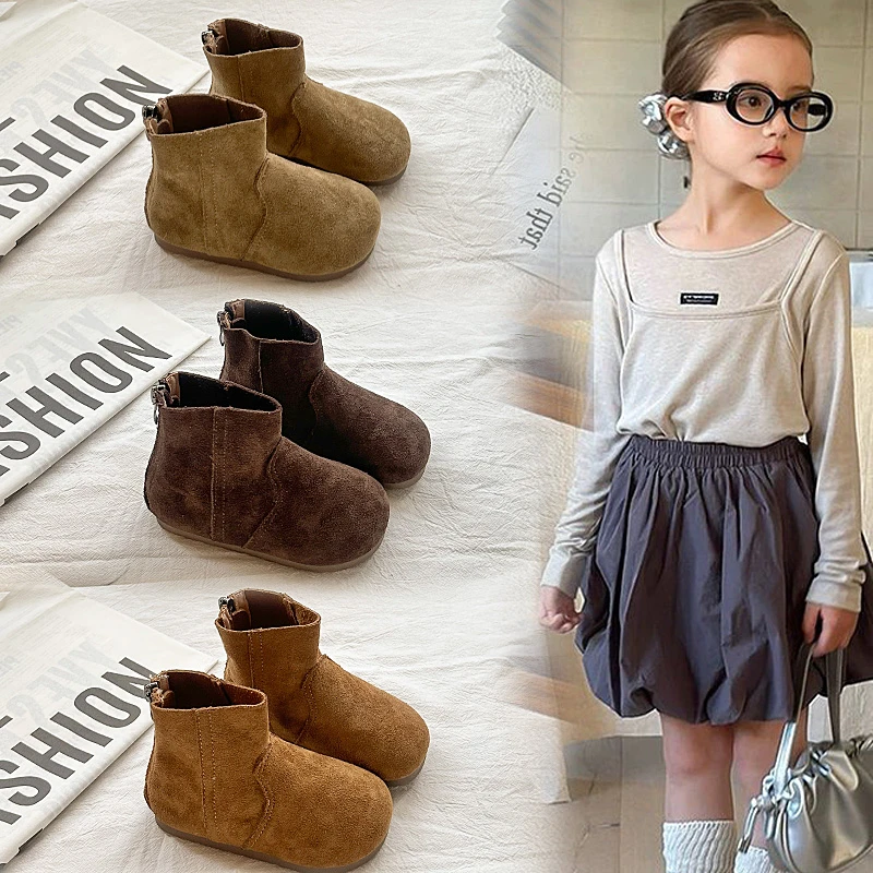 

Kids Ankle Boots for Girls 2025 New Autumn Kids Thermal Boots Soft Sole Breathable Lining Simple Retro Girls School Boots Age3-8