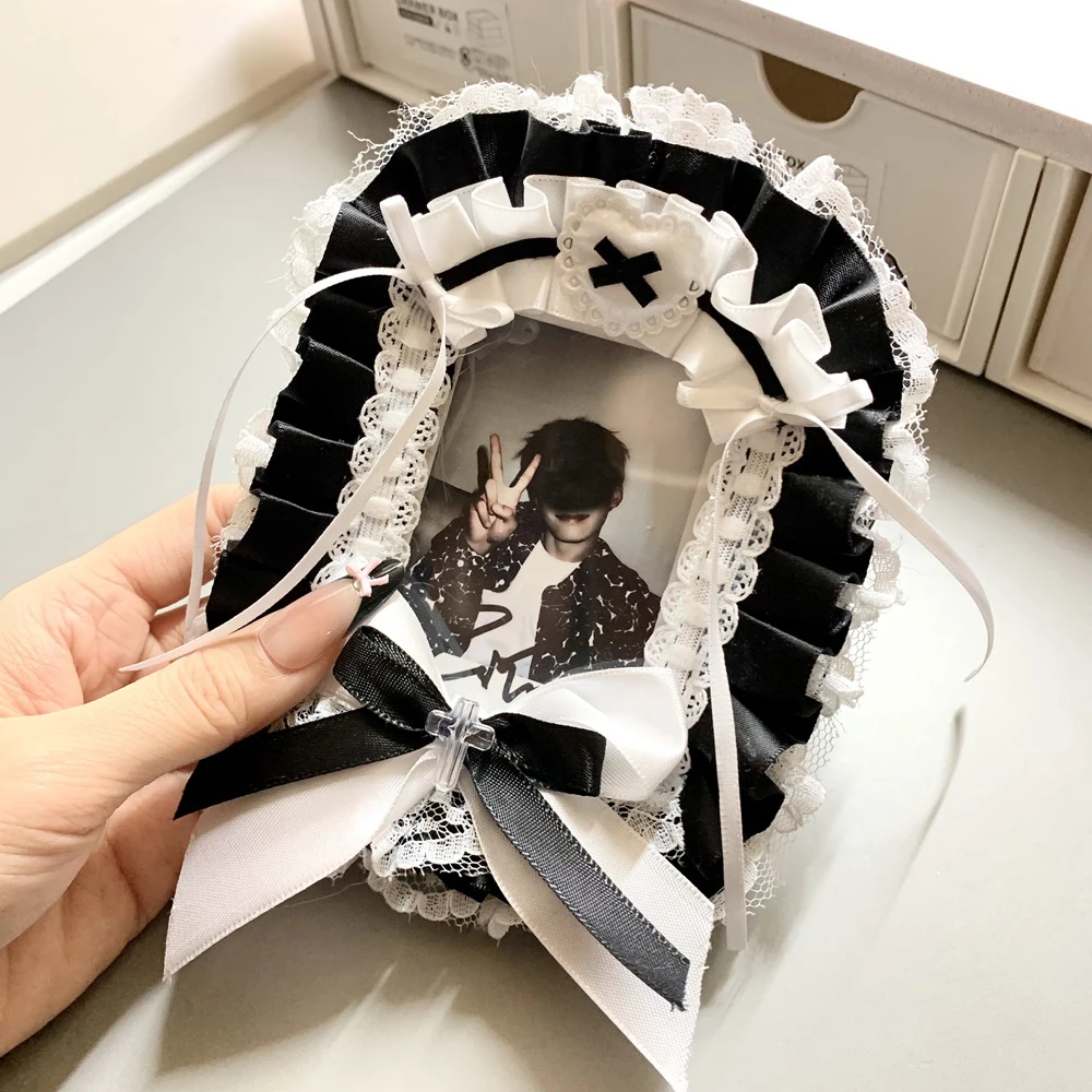 Handmade Black White Lace Bow 3 Inch Decor Photo Frame, Multi‑Layer Ruffled Trim, Lolita Style, Anime Hobby Decor, Photo Display Holder, Picture Protector, Kawaii Collectible Supply