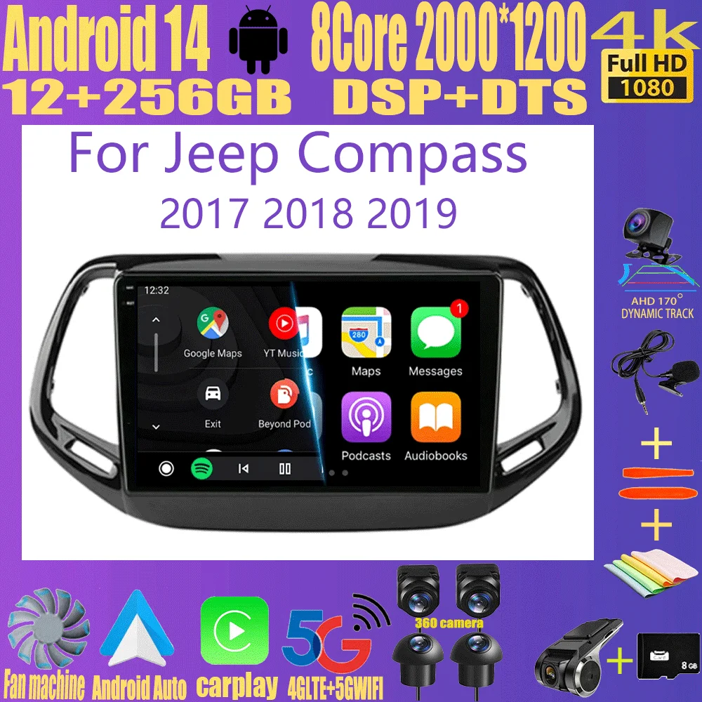 

Android 14 Carplay Auto WIFI+4G For Jeep Compass 2017 2018 2019 Car Radio GPS Stereo Multimedia Video Player 2din Head Unit DSP